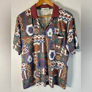Shelby Mens Polo Shirt Size L Burgundy Green Aztec Made In Canada Vintage